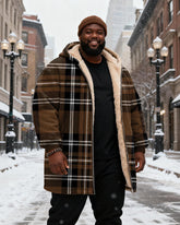 Big & Tall Men's Classic Geometric Brown Plaid Print Velvet Thickened Long Hooded Coat